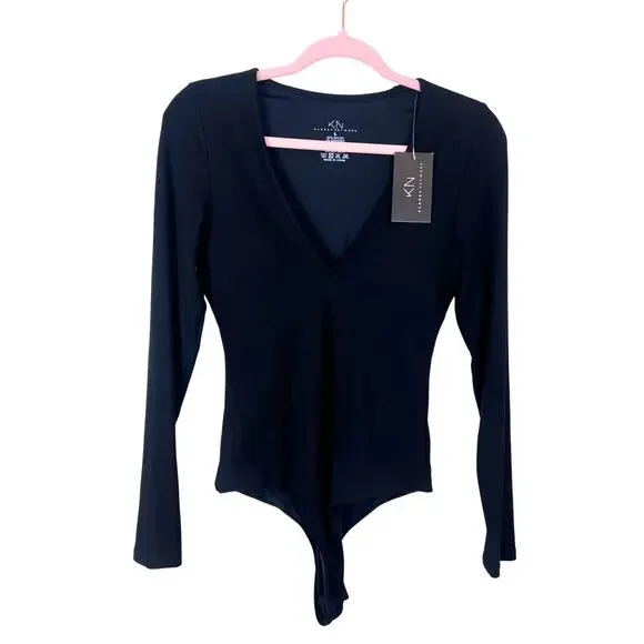 Klassy Network Minimalist Ribbed Bodysuit Black Fitted Long Sleeve V Neck L - Picture 3 of 7